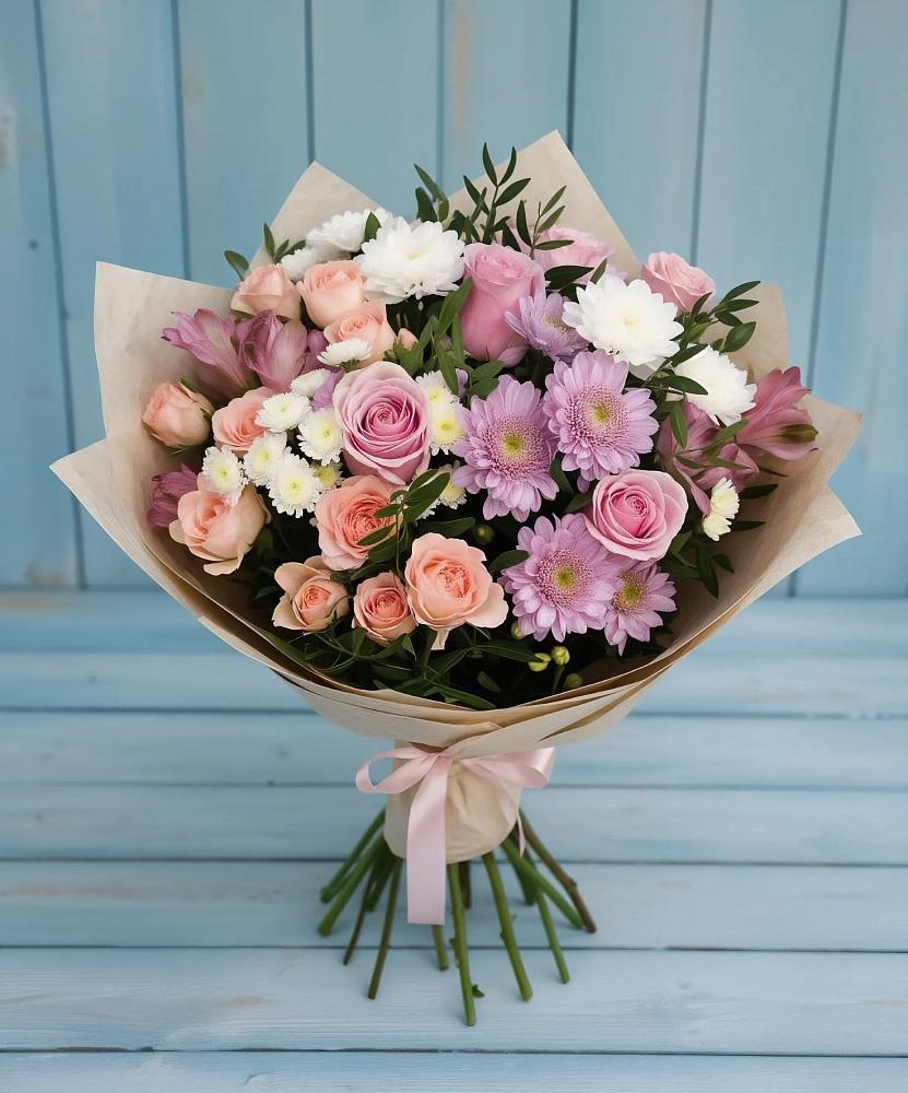 Букет цветов из: Хризантемы, Розы и Альстромерии в Дорохово
