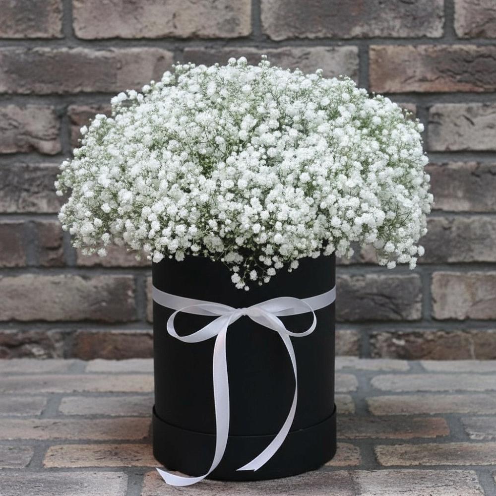 Цветочная композиция из Гипсофила в шляпной коробке в Дорохово