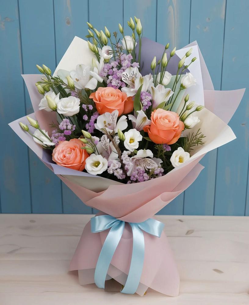 Букет цветов из: Лизиантусы, Розы, Альстромерии и Гипсофила в Дорохово