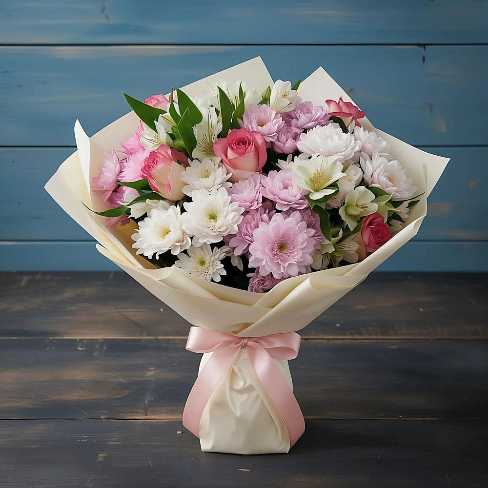 Букет цветов из: Хризантемы, Альстромерии и Розы в Дорохово